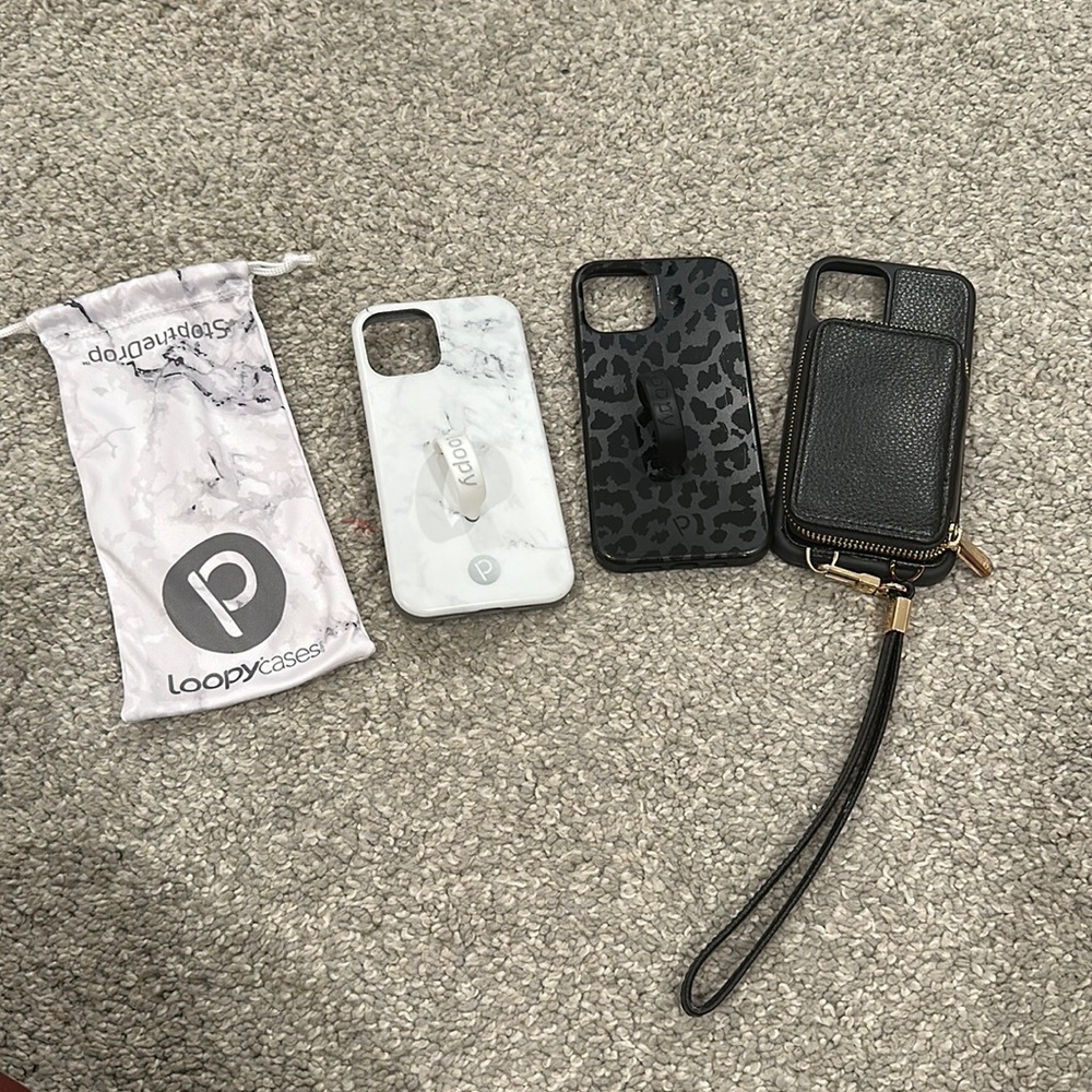 iPhone 12 Pro loopy phone case marble and black leopard and wristlet wallet